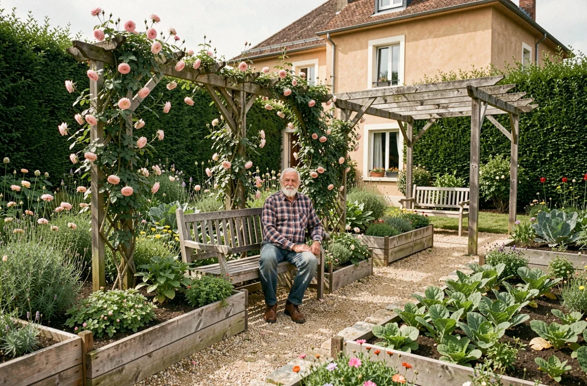 Résident senior assis au milieu du jardin fleuri du Jardin de Clodomir avec parterres de roses et potager en Isère