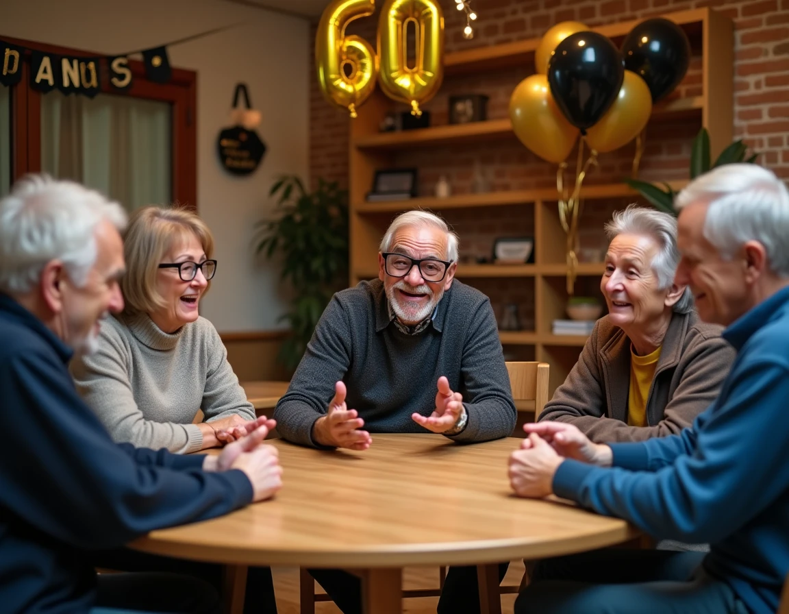 Groupe d'amis jouant à un jeu de déguisement humoristique lors d'un anniversaire 60 ans en intérieur