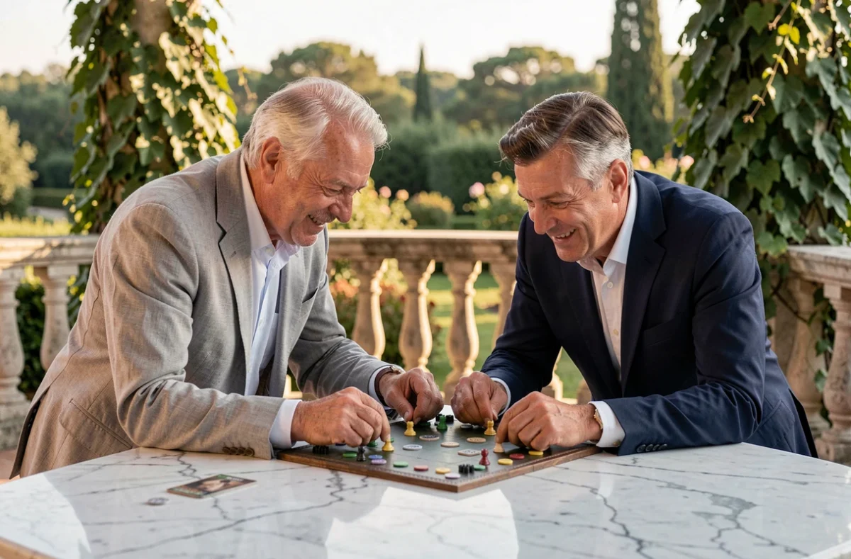 Deux hommes de 60 ans jouant à un jeu de stratégie élégant sur une terrasse de villa lors d'un anniversaire