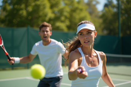 Jeune femme et homme jouant au tennis en extérieur