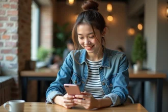 Jeune femme au café utilisant son smartphone de façon détendue