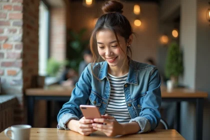 Jeune femme au café utilisant son smartphone de façon détendue