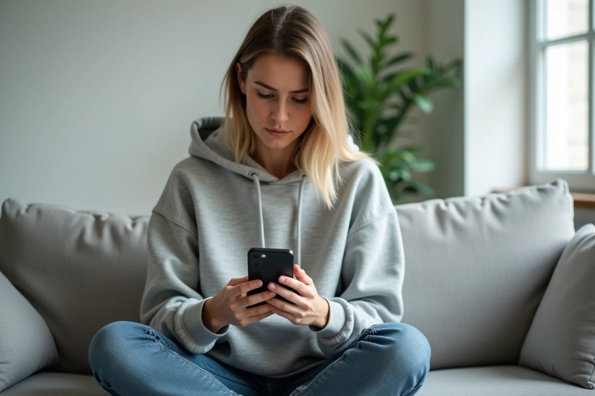 Jeune femme vérifiant la sécurité d'une application de tutelle sur smartphone depuis son salon