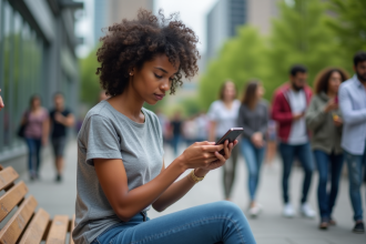 Jeune femme regardant son smartphone en ville