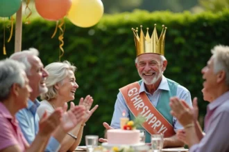 Homme de 60 ans portant une couronne dorée comique entouré d'amis riant lors d'une fête d'anniversaire en plein air
