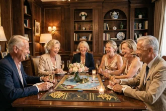 Groupe d'adultes élégants fêtant un anniversaire 60 ans autour d'un jeu de société chic dans un salon décoré