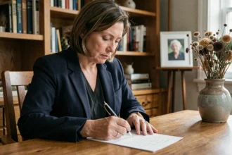 Femme écrivant une lettre de condoléances à la main pour le décès d'une grand-mère