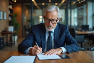 Homme d'une cinquantaine d'années rédigeant une lettre de départ à la retraite anticipée dans un bureau professionnel