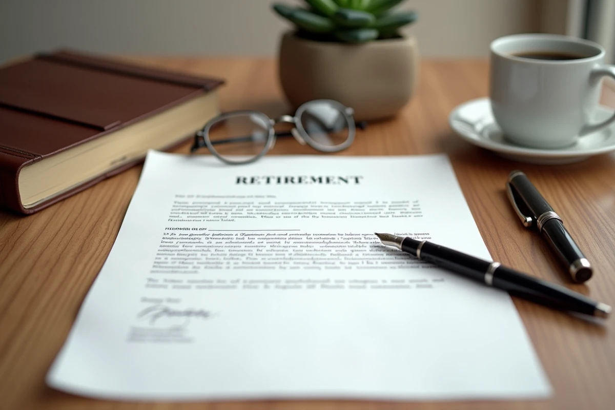 Gros plan d'une lettre de départ à la retraite imprimée sur un bureau en bois avec stylo plume et agenda