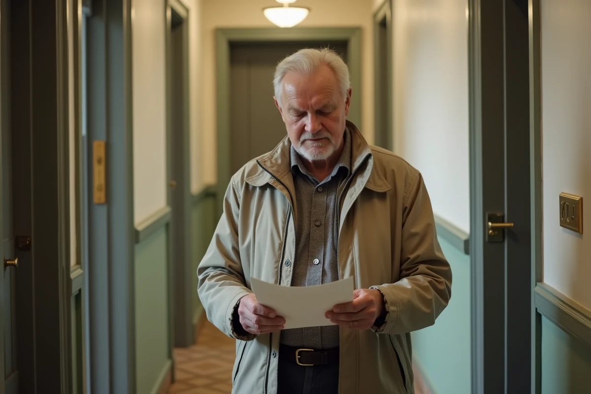 Locataire senior lisant un courrier de congé dans le couloir de son immeuble
