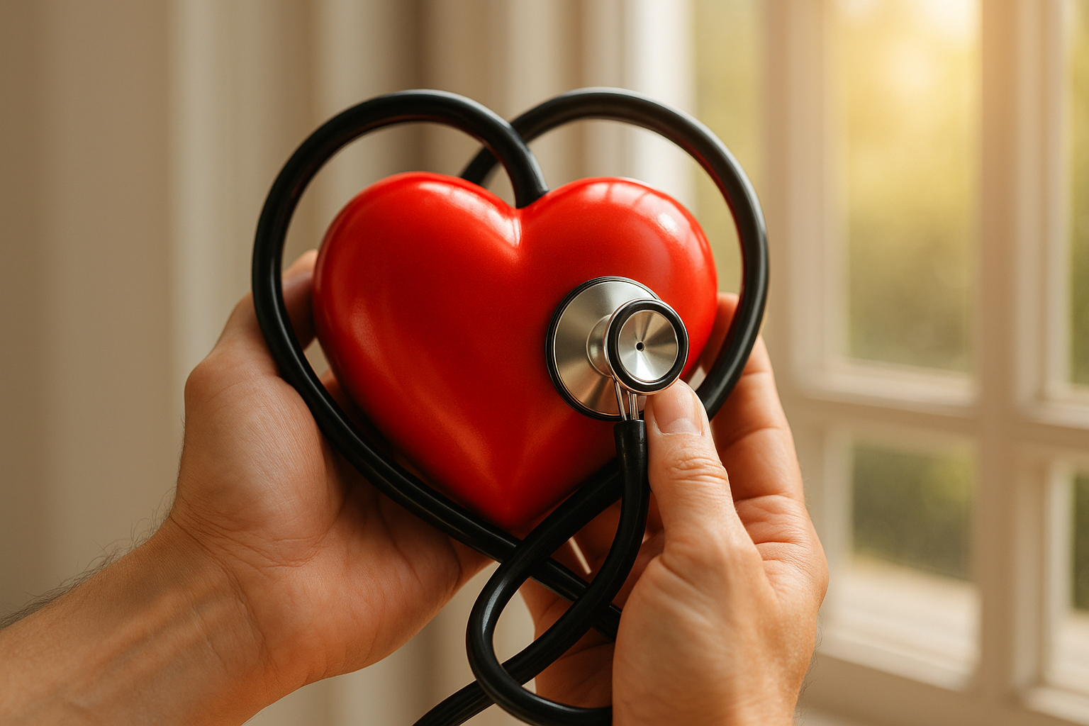 Mains tenant un coeur rouge avec stethoscope en lumière