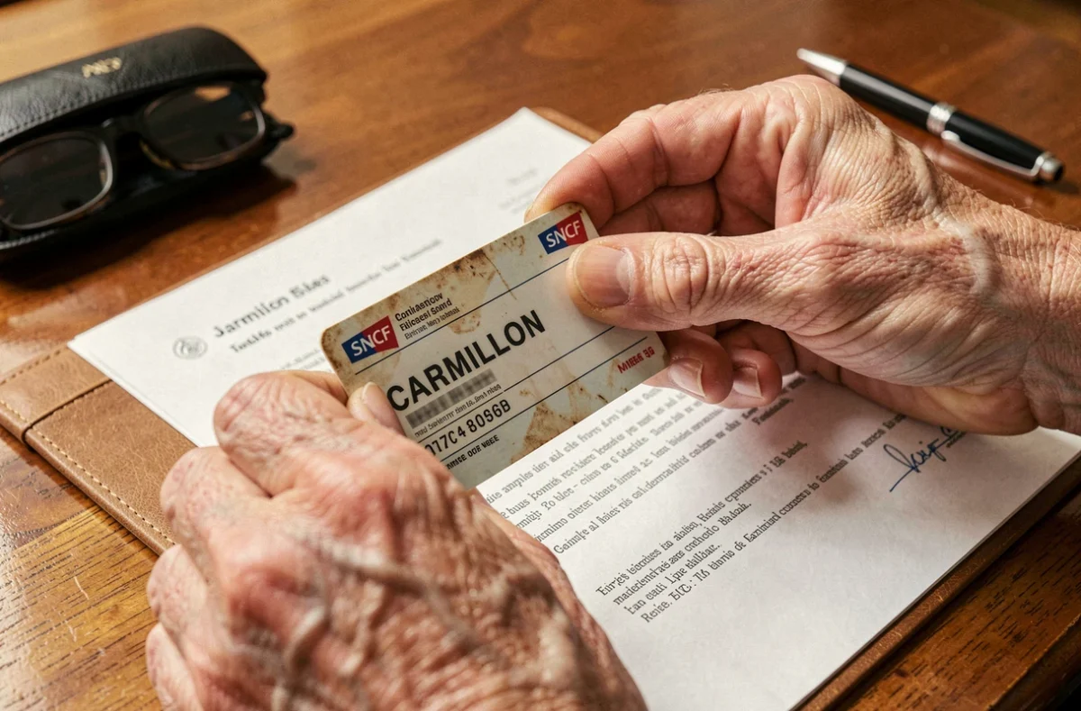 Mains d'une personne retraitée tenant un pass Carmillon SNCF et une lettre administrative sur un bureau en bois