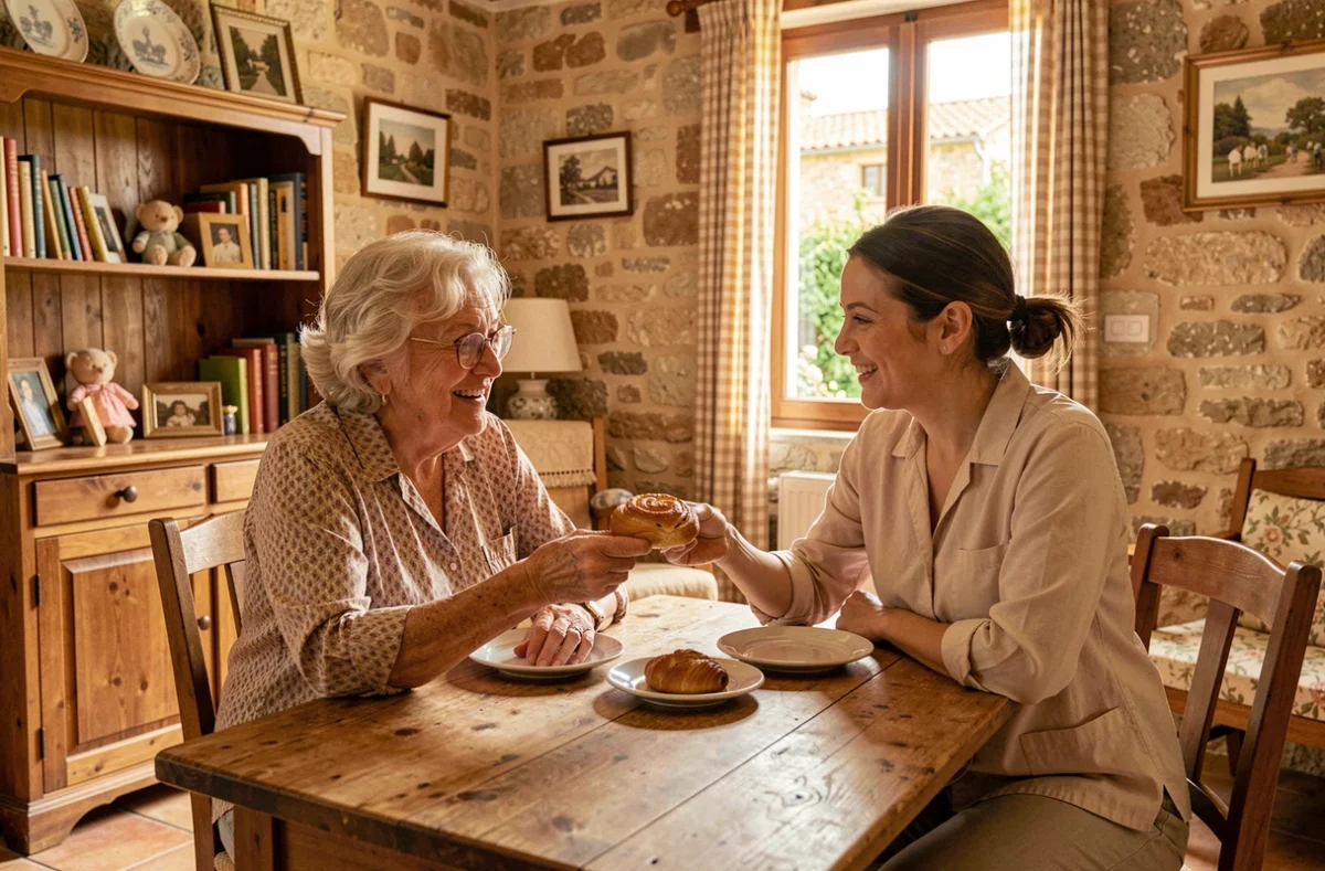 Résidente âgée partageant une pâtisserie maison avec une soignante dans le cadre chaleureux et familial de La Maison de Blandine à Roussillon