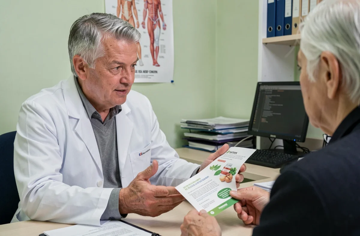 Médecin généraliste expliquant des compléments alimentaires à un patient âgé en consultation
