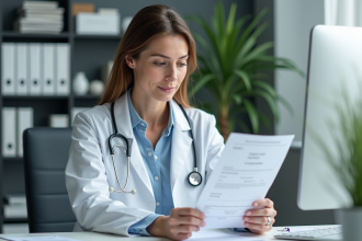 Médecin femme en blouse blanche examine une prescription