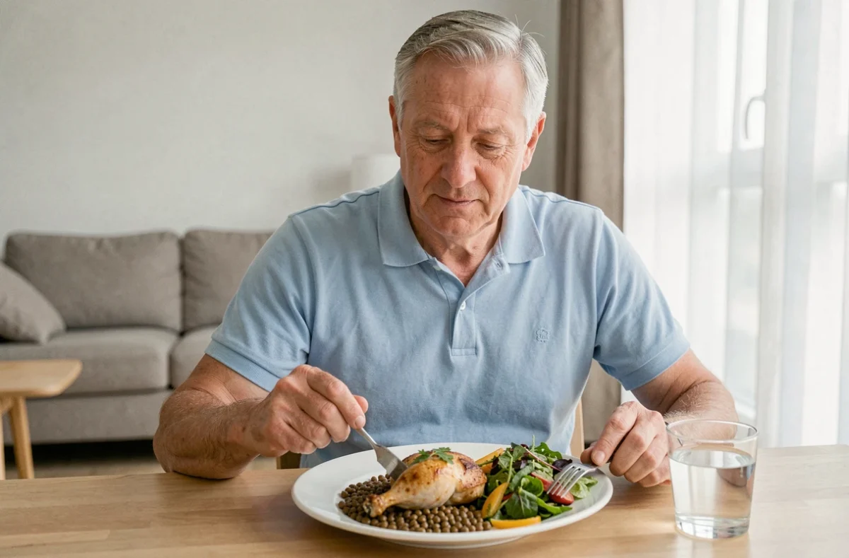 Homme senior mangeant un repas protéiné équilibré composé de poulet rôti et lentilles dans un appartement lumineux