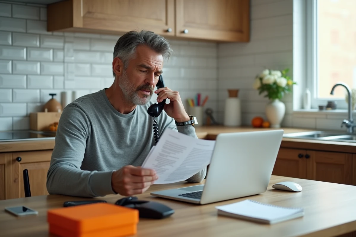 Homme consultant un guide de migration téléphonique avec une box Orange et un téléphone fixe posés sur une table de cuisine