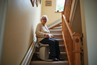 Femme âgée assise dans un monte escaliers portable économique installé sur un escalier droit à domicile