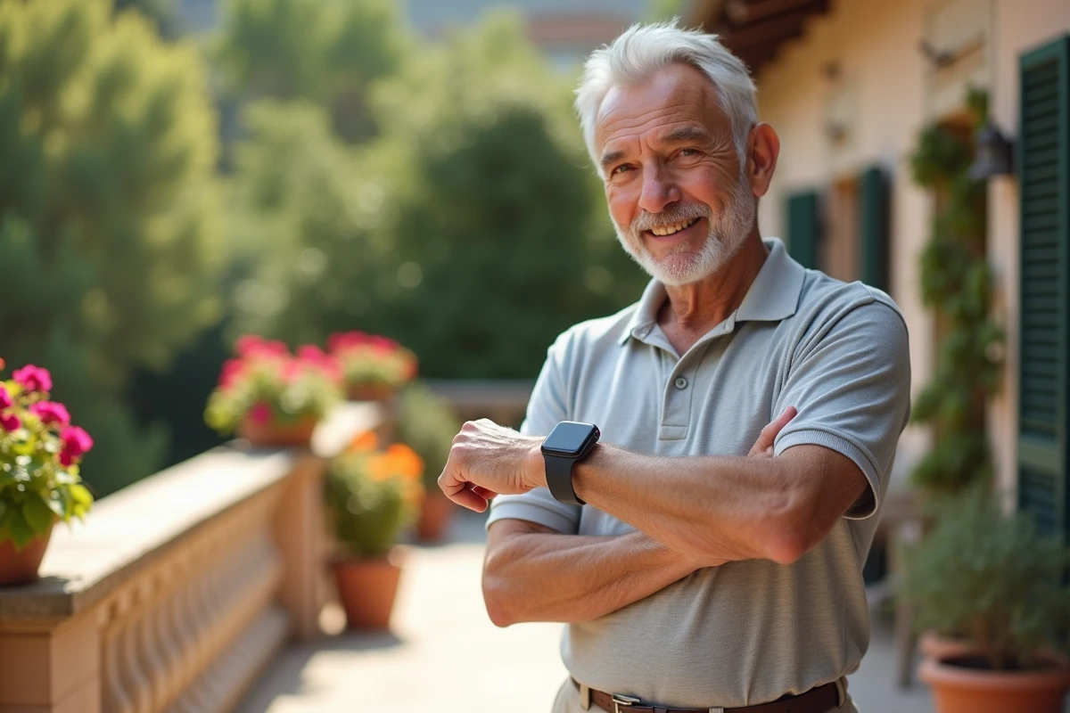 Homme âgé utilisant sa montre connectée senior avec micro pour passer un appel depuis sa terrasse extérieure