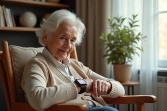 Femme âgée appuyant sur le bouton d'appel direct de sa montre senior avec micro intégré dans son salon