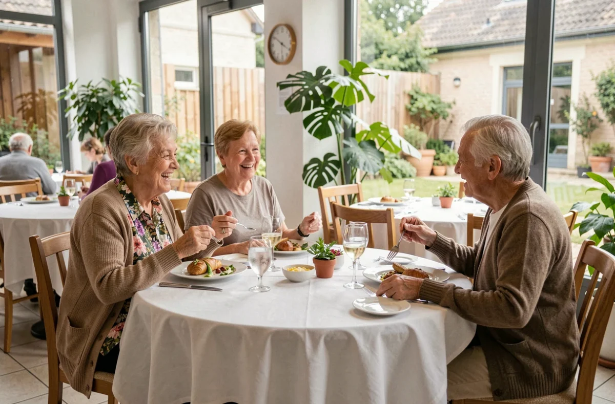 Résidentes senior déjeunant ensemble dans la salle de restauration conviviale de la résidence Oui Seniors Bourgoin-Jallieu
