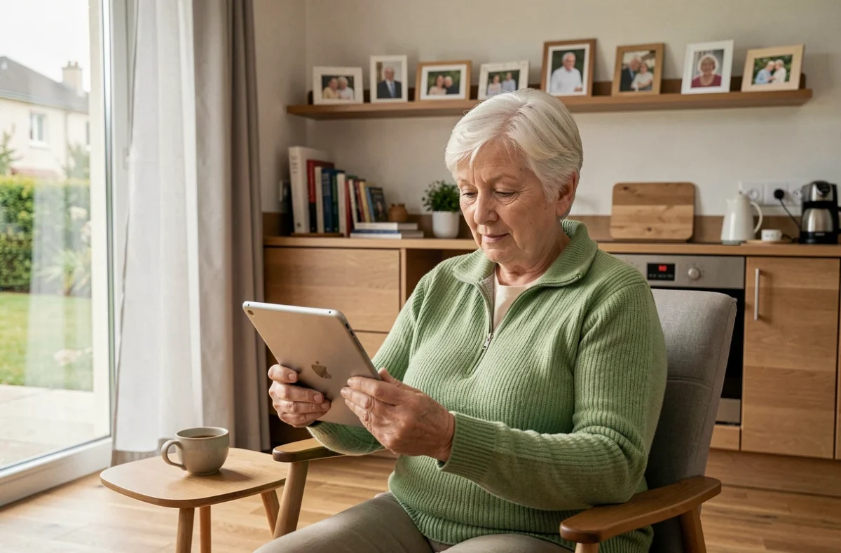 Résidente senior utilisant une tablette dans son appartement moderne et bien aménagé de la résidence Oui Seniors L'Isle-d'Abeau