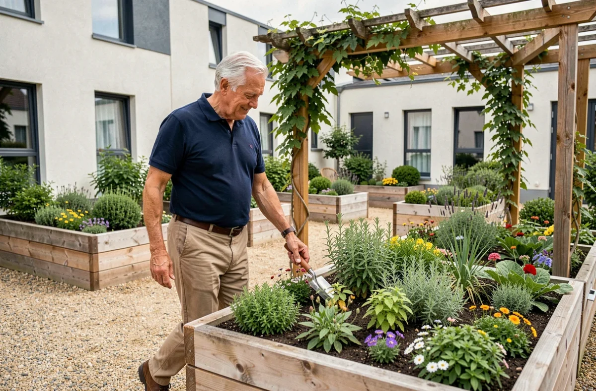 Résident senior soignant un jardin potager surélevé sur la terrasse paysagère de la résidence Oui Seniors Villefontaine