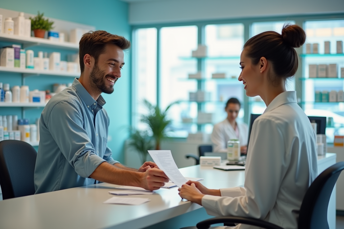 Jeune patient remet une ordonnance à la pharmacienne souriante