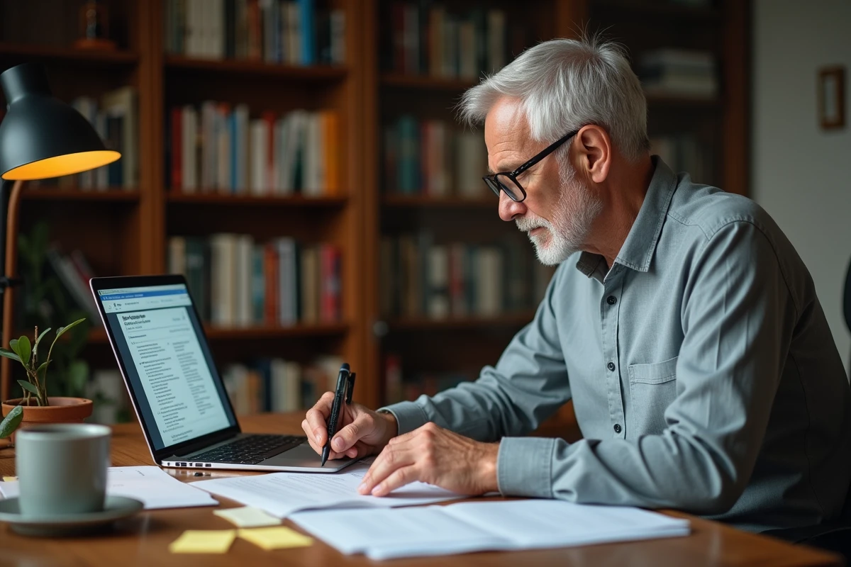 Homme préparant et personnalisant un modèle de discours de départ à la retraite à son bureau à domicile avec des brouillons annotés