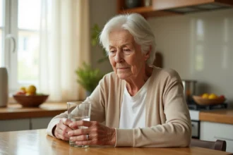 Femme âgée tenant un verre d'eau dans sa cuisine, illustrant la déshydratation chez la personne âgée et le manque de potassium