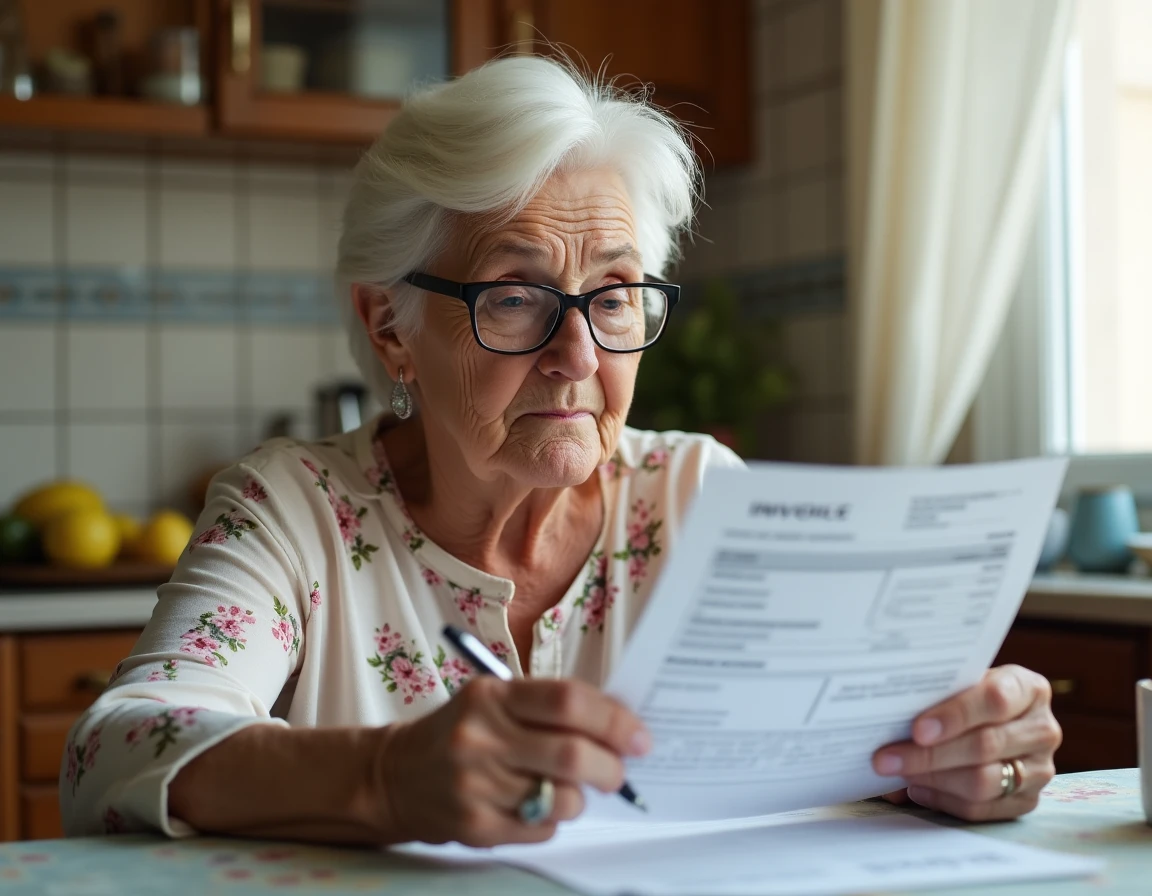 Personne âgée examinant attentivement une facture de service à domicile à la table de sa cuisine