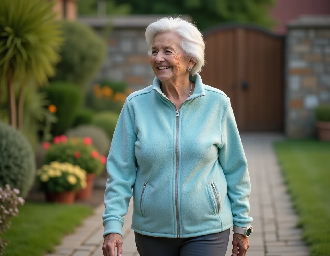 Personne âgée portant une montre de sécurité sans abonnement lors d'une promenade dans le jardin
