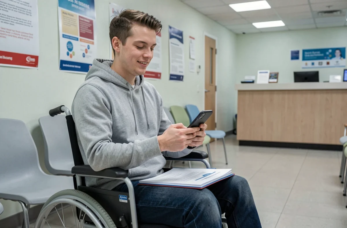Homme en fauteuil roulant consultant son dossier AAH dans une salle d'attente de la CAF