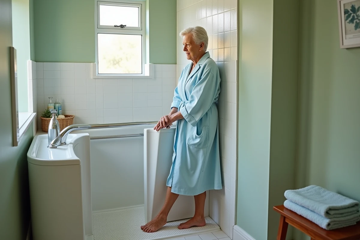Femme âgée utilisant une baignoire PMR à porte latérale avec barre d'appui dans une salle de bains domestique