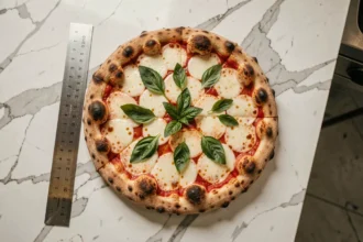 Pizza taille senior mesurée avec une règle en acier sur un comptoir en marbre blanc dans une cuisine de pizzeria