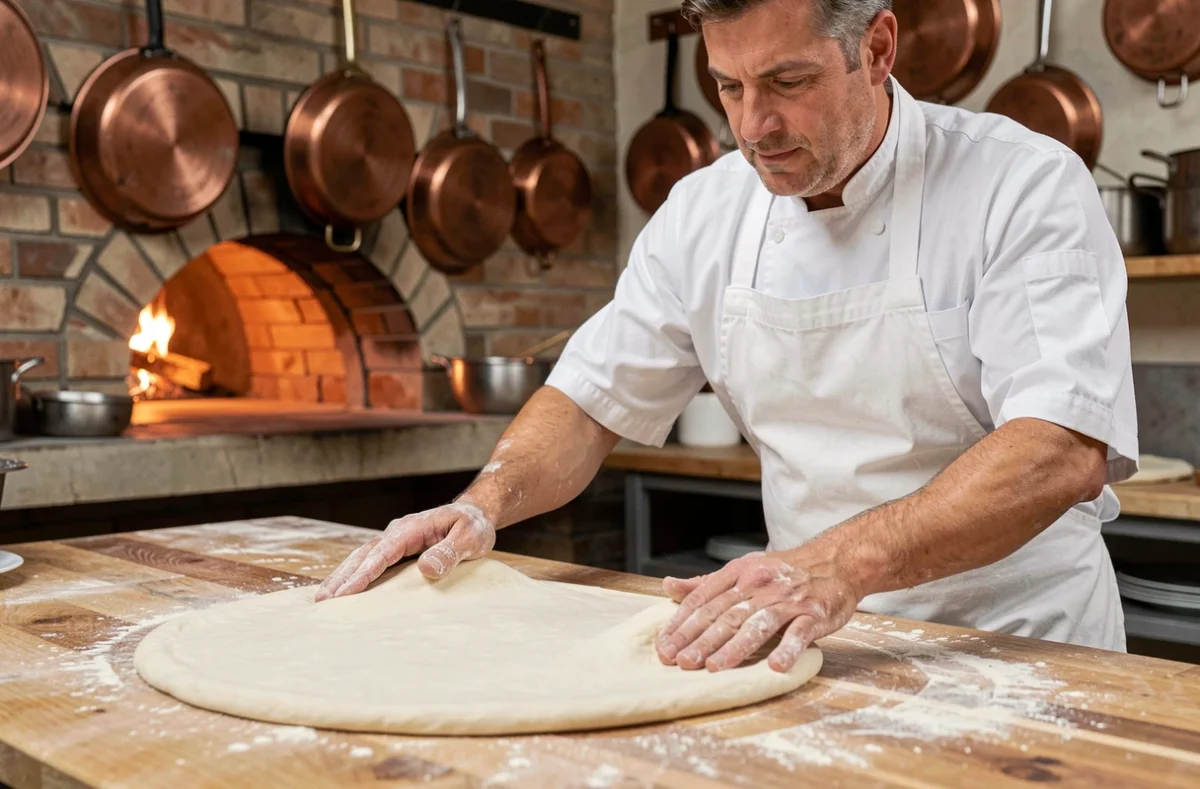 Chef pizzaiolo étirant une grande pizza senior sur une pelle en bois devant un four à bois traditionnel
