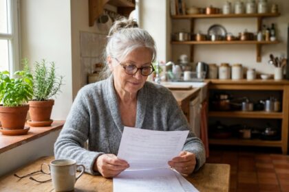 Une femme âgée sereine consulte des documents relatifs à la planification de ses obsèques à sa table de cuisine
