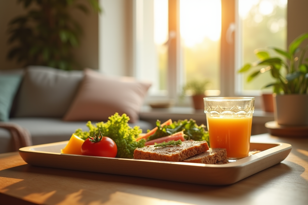 Plateau repas sain avec légumes dans une salle lumineuse