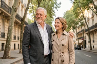 Michel Platini et sa nouvelle compagne se promenant bras dessus bras dessous sur un boulevard parisien, atmosphère sereine et complice