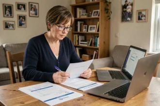 Femme préparant ses documents administratifs pour un rendez-vous à la CAF concernant l'AAH 2026