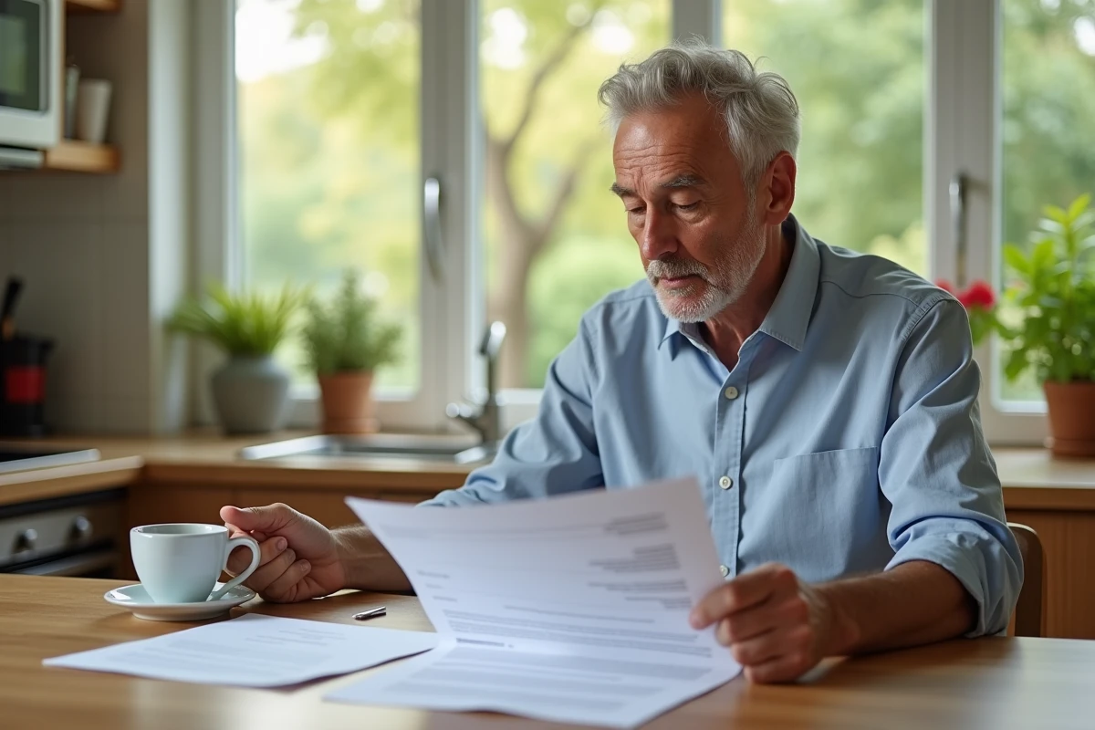 Homme à domicile préparant sa lettre de départ volontaire à la retraite anticipée avec ses documents administratifs