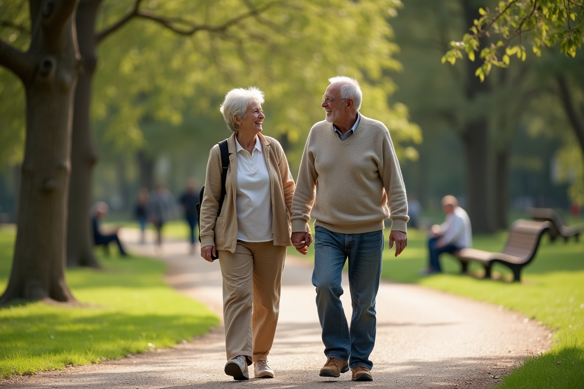 Un homme et une jeune femme marchant dans un parc ensoleille