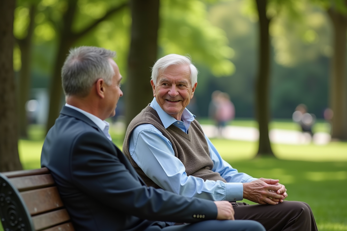 Homme âgé en promenade avec jeune aidant dans un parc