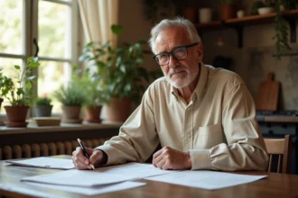 Propriétaire âgé examinant des documents administratifs liés à l'APA à son domicile