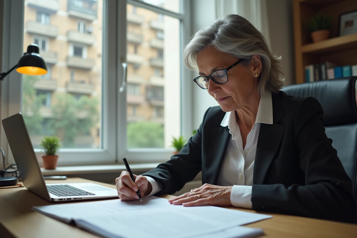 Propriétaire bailleurs rédigeant un congé légal pour locataire de plus de 65 ans à son bureau
