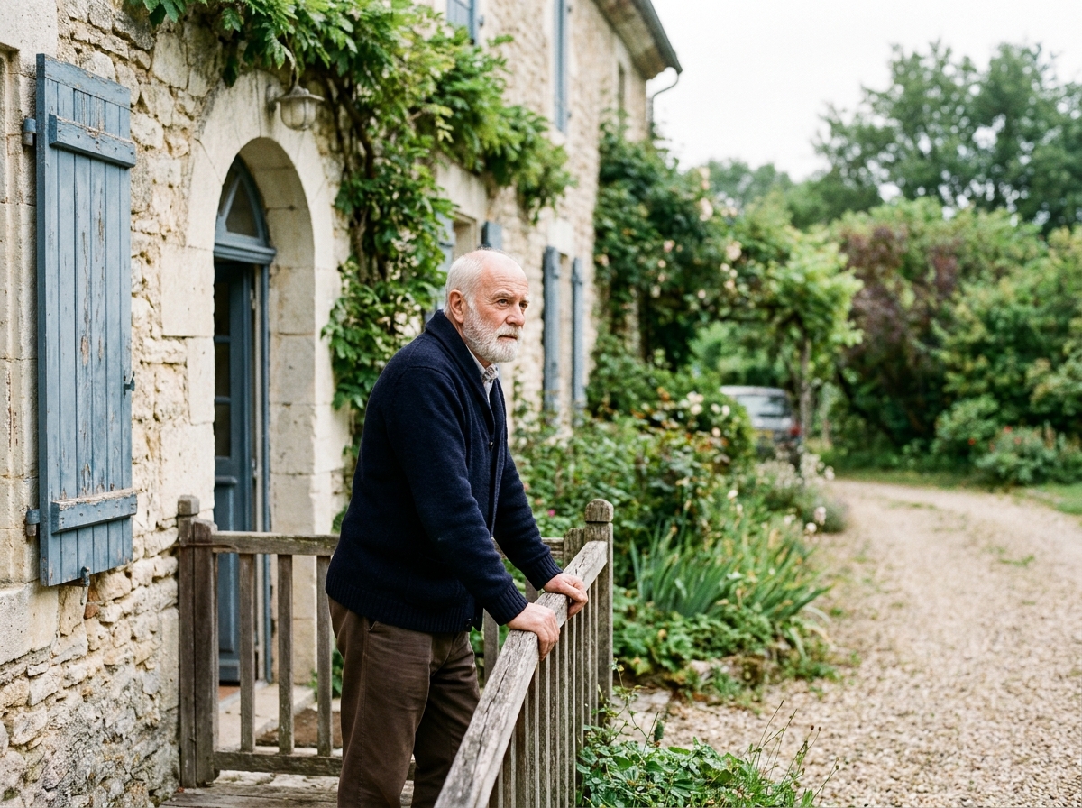 Propriétaire senior devant sa maison en pierre illustrant la réflexion sur la vente en viager et la rentabilité selon l'âge