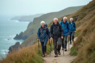 Groupe de randonneurs seniors célibataires marchant sur un sentier côtier en bord de mer lors d'une randonnée en falaise