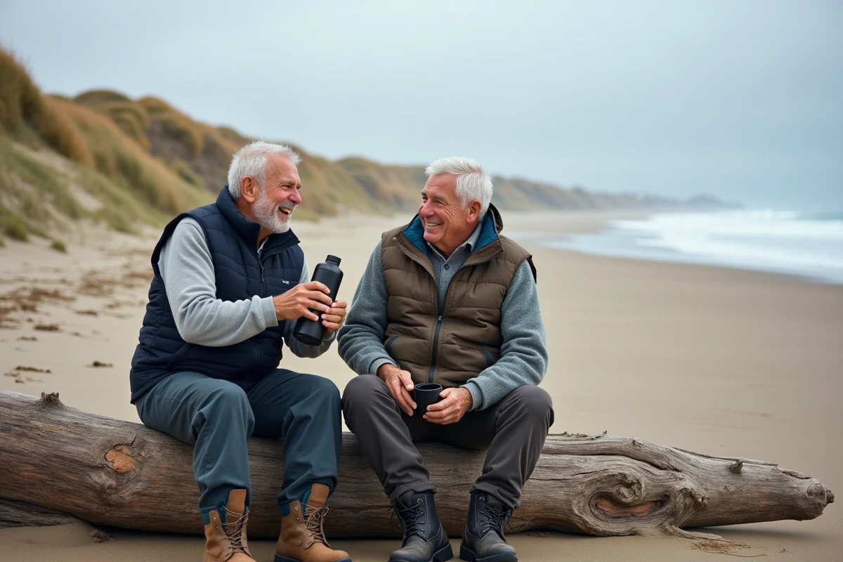 Deux randonneurs seniors célibataires se reposant sur une plage atlantique sauvage lors d'une pause café en bord de mer