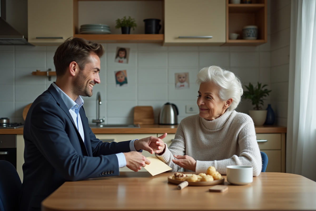 Jeune homme professionnel donnant une enveloppe à une femme âgée dans la cuisine