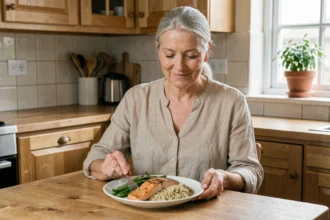 Femme senior souriante préparant un repas équilibré riche en protéines avec saumon et quinoa dans une cuisine chaleureuse